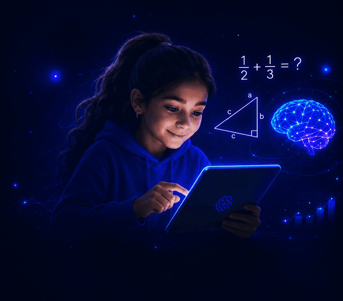 Ilustración de una estudiante aprendiendo con Neuromática en una tableta